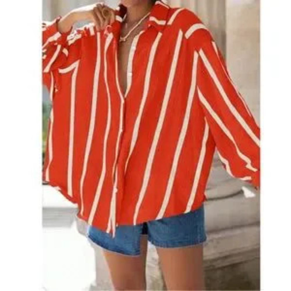 Red with White Stripes Oversized Button Down Shirt Long Sleeve - Picture 3 of 5